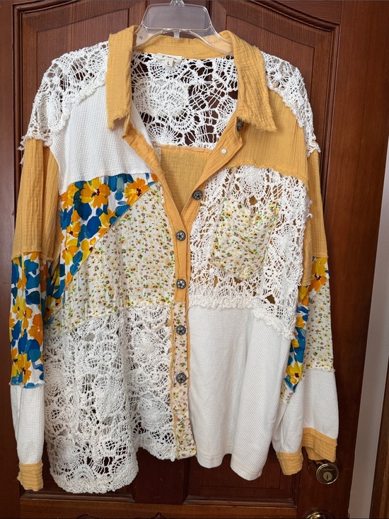 POL Tops - POL Patchwork Crochet Button-Down Shirt - Mustard, White & Blue Floral